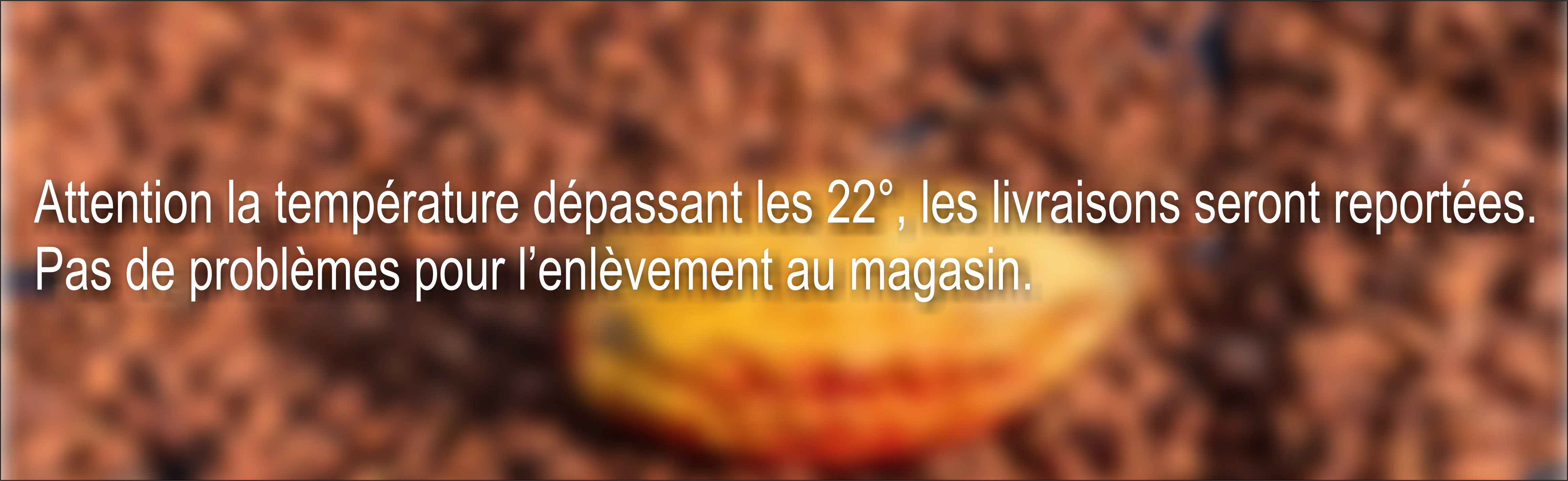 Attention la température dépassant les 22°, les livraisons seront reportées. Pas de problèmes pour l’enlèvement au magasin.